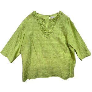 Alfred Dunner Women's V Neck Embroidered Blouse 3/4 Sleeve Size 16W Lime Green